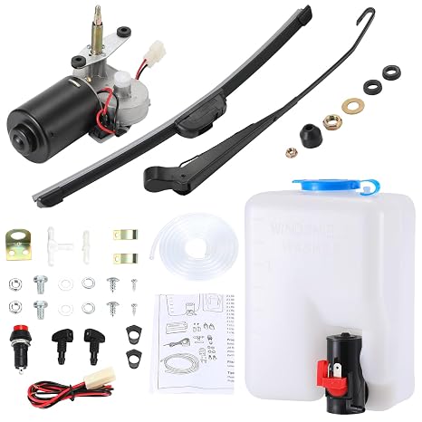 Electric UTV Windshield Wiper Kit with UTV Windshield Washer Pump Kit Compatible with Polaris RZR Ranger General Can Am X3 Defender Commander Golf Cart