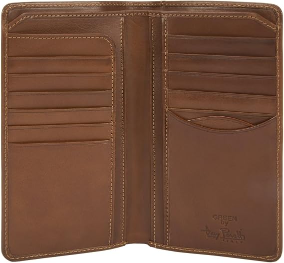 Tony Perotti Mens Italian Cow Leather Bifold Checkbook Breast Pocket Wallet in Cognac