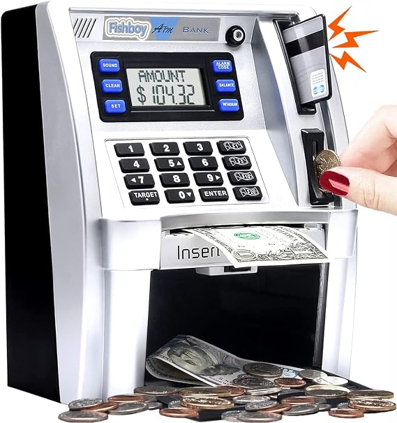 ATM Real Money Bank for Adults and Kids with Debit Card Money Feeder Coin Recognition Survival Calculations Digital Electronic Piggy Bank | One key shutdown, coin recognition, target setting, bill feeder, surplus calculator, electronic saving machine