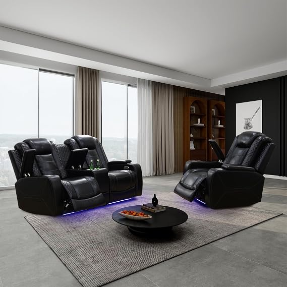 Power Recliner Sofa Set with LED Lights for Living Room Furniture Set, Black Leather Reclining Couch Set, Recliner Couch with USB Port and Cup Holders, Loveseat and Chair