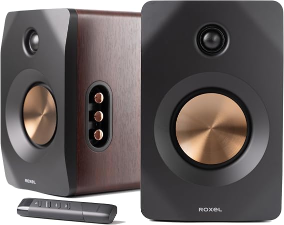 Roxel Nova Active Bookshelf Speakers, 100W RMS Stereo Sound, Wireless BT 5.4, HDMI ARC, Optical Input, Remote with LCD, Bass & Treble Control, for TV, PC, Gaming & Music (Walnut)
