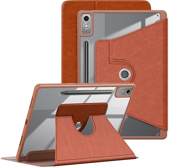Case for Lenovo Tab P12 (2024) 12.7",with Hand Pen Holder, Clear Transparent Hard PC Back,360 Adjustable Swivel Cover Lenovo Tab p12 12.7inch 2023 Tablet, Auto Sleep/Wake,Brown