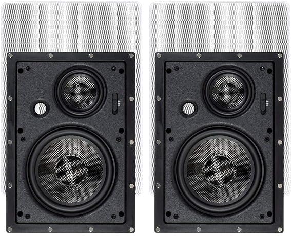 Monoprice 3-Way Carbon Fiber In-Wall Speakers - 6.5-Inch, Pair, With Magnetic Grille, Black - Alpha Series