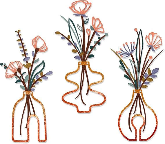 Pduoduo 3Pcs Metal Flowers Wall Decor,Minimalism Flower in Vase Hanging Iron Wall Art,Floral Line Hanging Wall Sculptures for Living Room, Bedroom,Bathroom