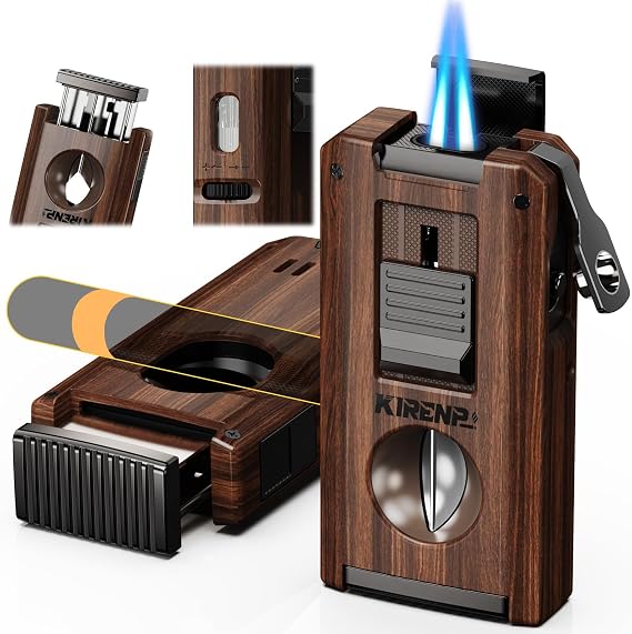 5-in-1 Multi-Torch Lighter with Dual Jet Flames, Auto-Pop Straight & V-Shape Shear, Punch, Holder, with Gift Box for Men, Refillable Butane Cool Lighters for Candle, Camping, Travel