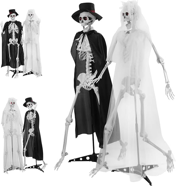 Skeletons for Halloween wirh Lighting and Sound, 2PCS 65" Large Halloween Skeleton Decorations, Life Size Posable Skeleton, for Graveyard Haunted House Spooky Scene Decor