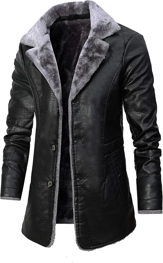Men's Winter Faux Pu Leather Jacket Warm Fleece Lined Long Trench Coats Fur Collar Button Up Jacket Arctic Parka