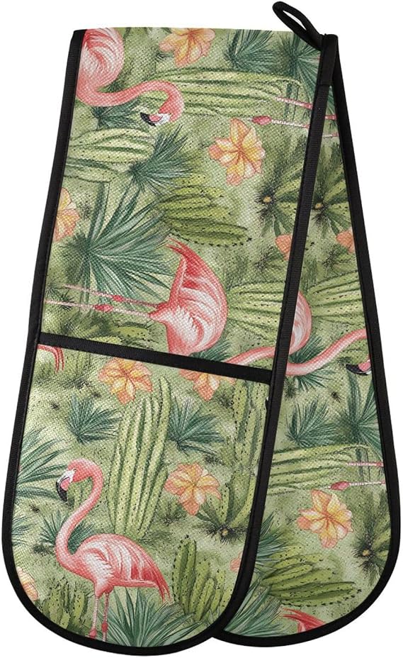 Double Oven Mitts Connected Flamingo Cactus Tropical Heat Resistant Long Oven Glove for Cooking Grilling Baking Barbecue 7" x 35"