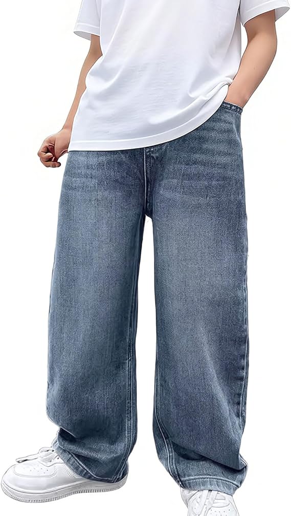 Teen Boys Baggy Jeans Elastic Waisted Wide Leg Pull On Denim Pants