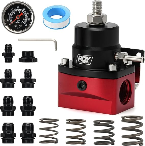 Adjustable Fuel Pressure Regulator Kit 3-110PSI AN10 Feed AN6 Return | Red+Black Aluminum return style EFI fuel regulator ;with gauge + AN fittings + fuel pressure regulator springs