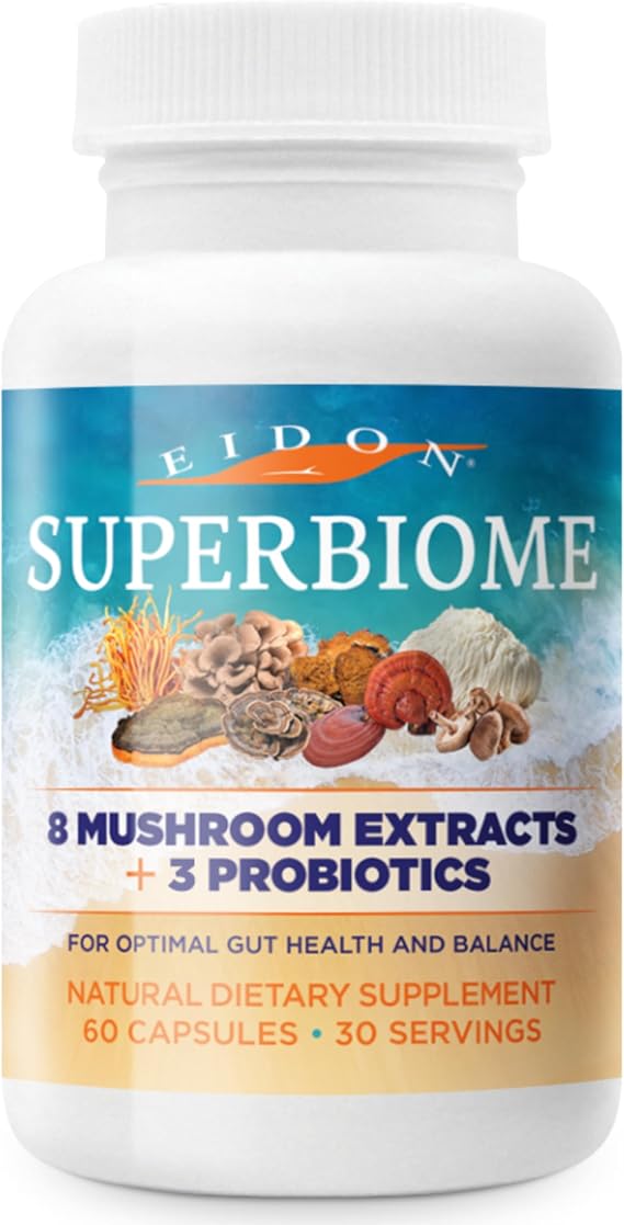 Eidon Ionic Minerals SuperBiome, Mushroom Extract Supplement, Mushroom Complex Capsules with Reishi, Chaga, Lions Mane, Cordyceps, Turkey Tail, 30 Servings