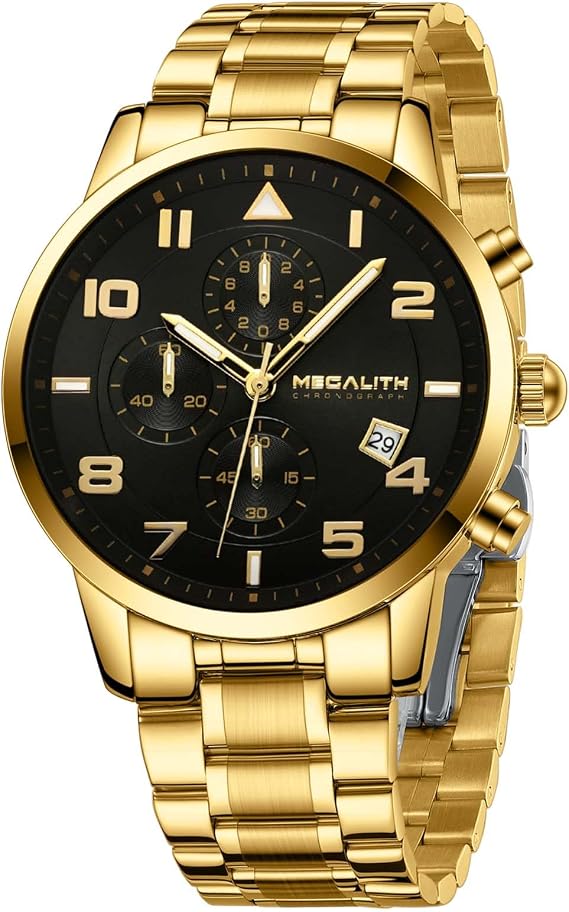 MEGALITH Armbanduhr Herren Chronograph Sport: Wasserdicht Edelstahl Analog Quarz - Militär Datum Schwarz Uhren für Männer