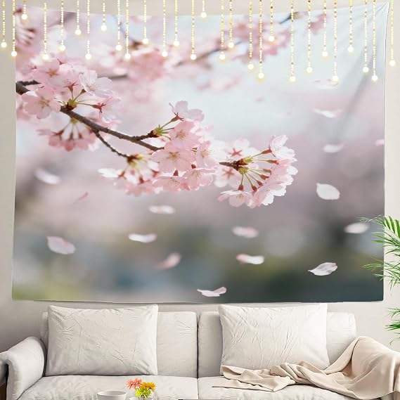 Shrahala Cherry Blossom Flowers Wall Tapestry, Pink and White Cherry Blossom Sakura Flowers Wall Hanging Large Tapestry Decorations Tablecloth Bedroom Living Room Dorm(51.2 x 59.1 Inches)
