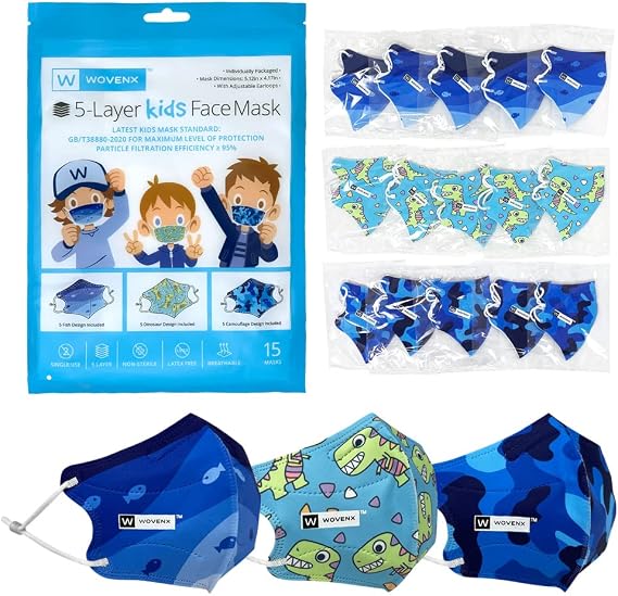 FDA Registered, 5 Ply Disposable Kids Face Mask 15 Pack, Adjustable Earloops, Individually Sealed