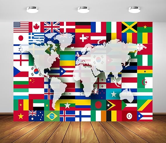 BELECO 9X6ft Fabric World Flags Backdrop World Map International Flag Country Flags Background for Themed Party Decorations Home Decor Photo Booth Studio Props