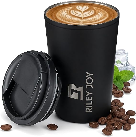 13oz Insulated Travel Coffee Mug, Hot & Iced Coffee Cups with Lids, Black
