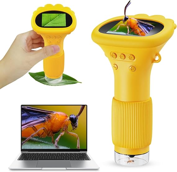 Microscope Toy, Magnifier, Digital Microscope, 2" IPS Screen 1000x Handheld Digital Microscopes HD Pocket Portable Microscopes (Yellow)