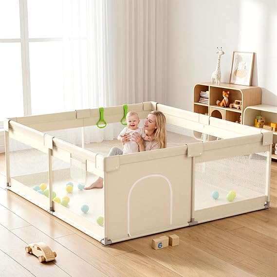 Uanlauo Beige Small Baby Playpen - 47x47in Playpen for Babies and Toddlers