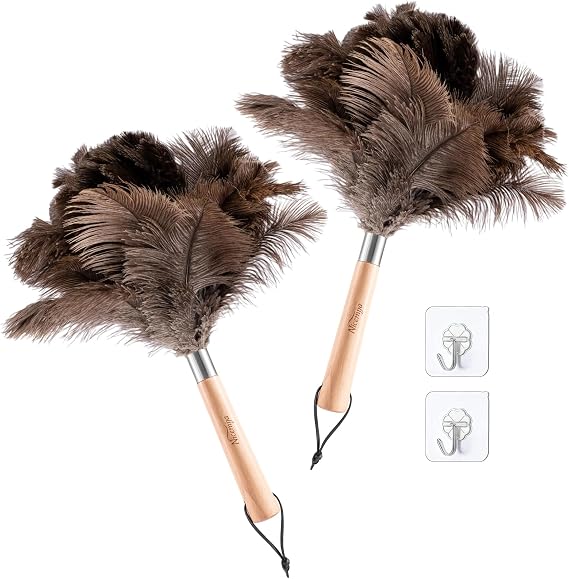 2 Pack Ostrich Feather Dusters for Cleaning with Wooden Handle, 13.5 inch