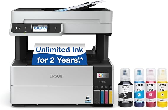 Epson EcoTank Pro ET-5180 Wireless Color All-in-One Supertank Printer with Scanner, Copier, Fax Plus Auto Document Feeder and PCL/Postscript
