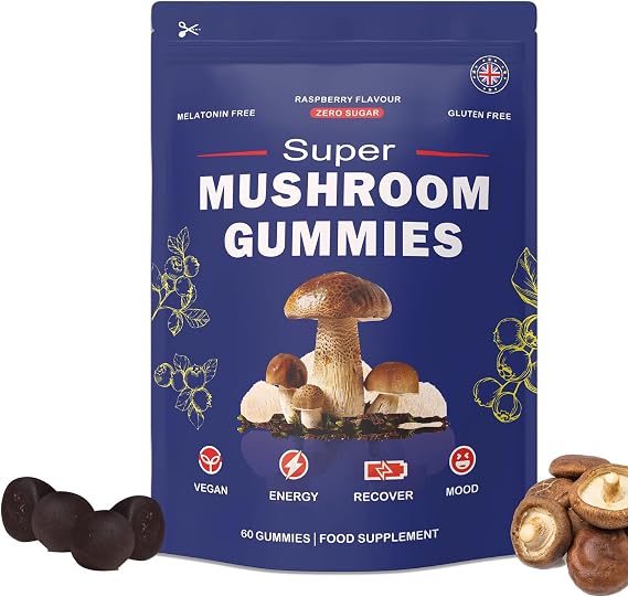 Super Mushroom Gummies with Lion's Mane Supplement, Focus, Energy, Raspberry Flavour (60 Gummies)