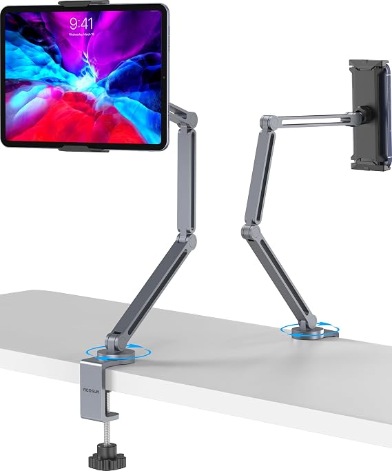 YICOSUN Tablet Stand for Desk - Heavy Duty Aluminum iPad Arm Mount with Super Grip Clamp, 360 Rotating Foldable Holder for 4.7-13" iPad, Kindle, Phone - Reading, Drawing, Video Call - Gray
