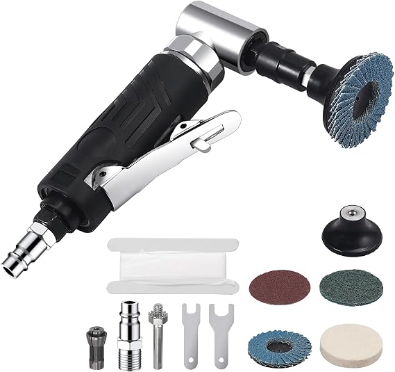 EYPINS Roloc Pneumatic Angle Grinder 1/4" 90psi (6.35 Bar) 20,000 RPM with 4 Different Discs 2 Chucks 3mm/6mm for Preparing Surfaces for Soldering, Polishing and Grinding Bodywork Lustre