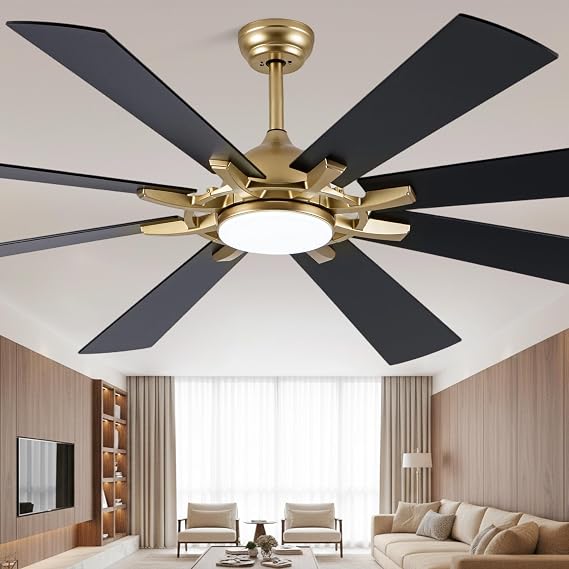 72" Black and Gold Ceiling Fan with LED Light & Remote Control | Reversible Quiet DC 8 Blades Ceiling Fan,6 Speed 1/4/8H Timer,3 CCT Dimmable for High Ceiling Living Room Villa
