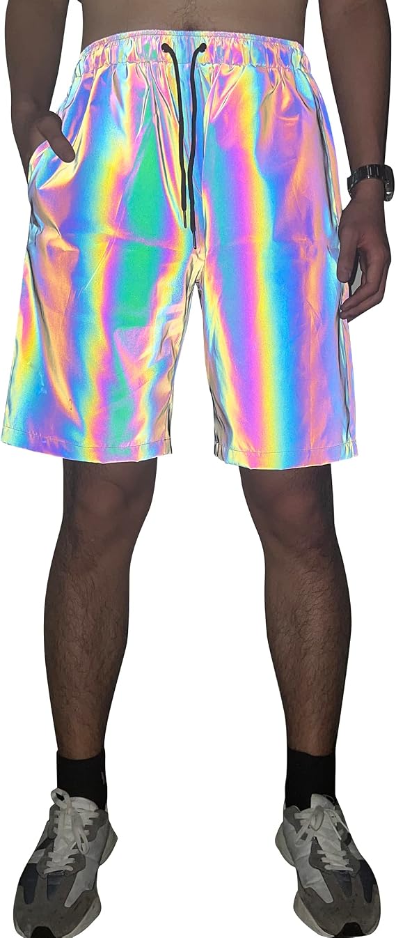 LZLRUN Rainbow Reflective Shorts Pants Men Fluorescent Casual Trousers | Rainbow holographic reflective effect, high visibility, two side pockets, windproof, for rave, festival, Halloween Party