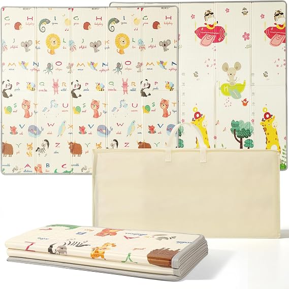 Baby Play Mat 180 x 200 cm, Foldable Waterproof Reversible Foam Mat | 10 mm Soft Padded Design with Storage Bag for Tummy Time, Crawling, Playpen, Nursery and Playroom
