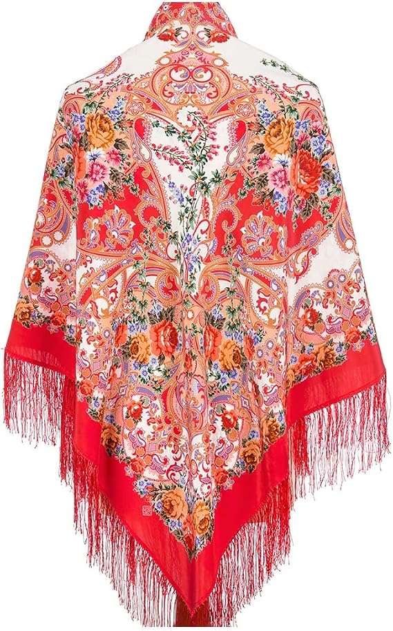 Pavlovo Posad Russian Shawl Natural 100% Mulberry Silk 130x130 cm 51x51 inches Scarf Silk Tassels Fringe Wrap 951-5