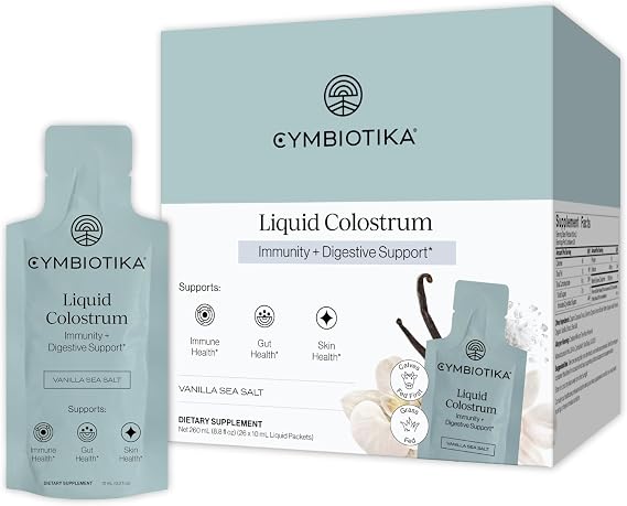 CYMBIOTIKA Liquid Colostrum, Grass-Fed 1.5g for Gut, Immune & Skin | Full-spectrum grass-fed bovine colostrum for gut lining, immunity, hair, skin & nails. Sea Salt Vanilla, 26 packets.
