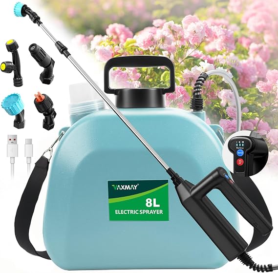 Battery Powered Sprayer 2 Gallon, 2026 Upgrade Electric Sprayer with 3 Adjustable Speed, Battery Indicator, 4 Mist Nozzles, Rechargeable Retractable Wand with Adjustable Shoulder Strap for Lawn Garden
