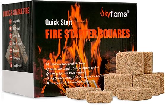 Skyflame 100 Pack Natural Fire Starters, Square Waterproof Easy Fire Charcoal Starters Compatible with BGE, Kamado Joe, Smokers, Wood Stove & Grills, BBQ & Grill, Campfire, Fireplace, Camp Fire Pits