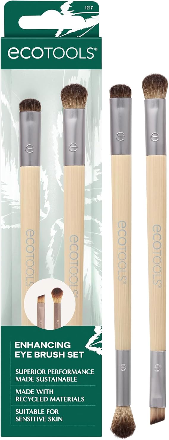 EcoTools Enhancing Eye Brush Set, Makeup Brushes For Liquid, Cream & Powder Eyeshadow & Eye Liner Application, Dual-Sided & Eco-Friendly, Synthetic Bristles, Vegan, Cruelty-Free, 2 Piece Set