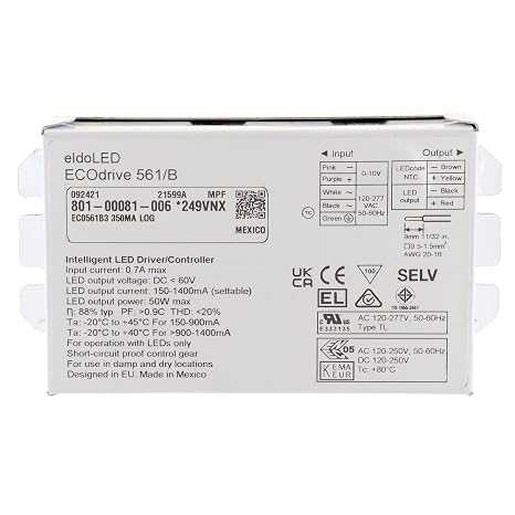ECOdrive 561/B 1400MA Log, EC0561B, 50W, 0-10V, 1 Control Channel, Constant Current, 1x 55V Output, Bottom Feed, Square Metal/Plastic,240J03