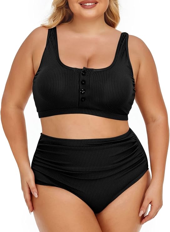 Summer Mae Plus Size Women Ribbed Bikini Set Two Piece High Waist Swimsuit Scoop Top Tummy Control Bathing Suit Swimwear