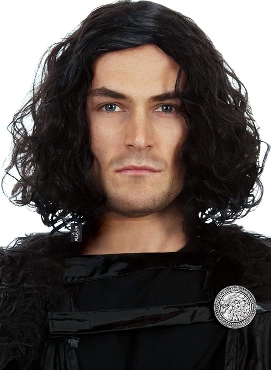ALLAURA Jon Snow Wig Northern Snow King Wig + Shield Jon Snow Pin Bruno Short Black Curly Cosplay Wigs For Men Halloween Cosplay Halloween Costume
