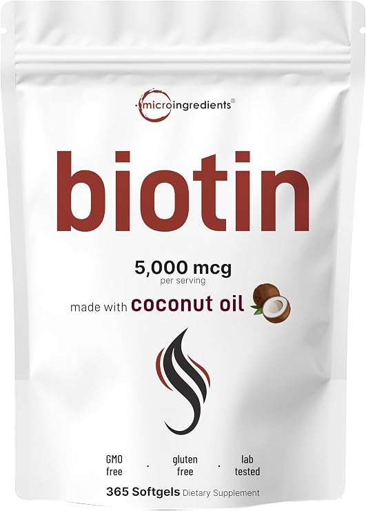 Micro Ingredients Biotin 5,000mcg | 365 Virgin Coconut Oil Softgels, Fast Release, One Year Supply | Supports Healthy Hair, Skin, Nails | Non-GMO, No Gluten