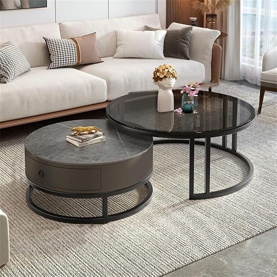 LAKIQ Nesting Coffee Table Set with Storage Drawer and Glass, Slate Stone Top - Black-Grey (27.5" L x 27.5" W x 18" H, 19.5" L x 19.5" W x 16" H)