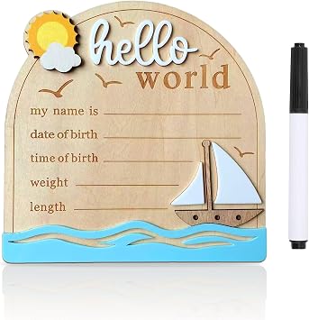 Baby Announcement Sign, 5.9 Inch Wooden Hello World Newborn Signs, Birth Announcement Sign and Pen, Sun and Sailboats Decoration, Welcome Newborn Arrival to World, Hospital Nursery for Baby (White)
