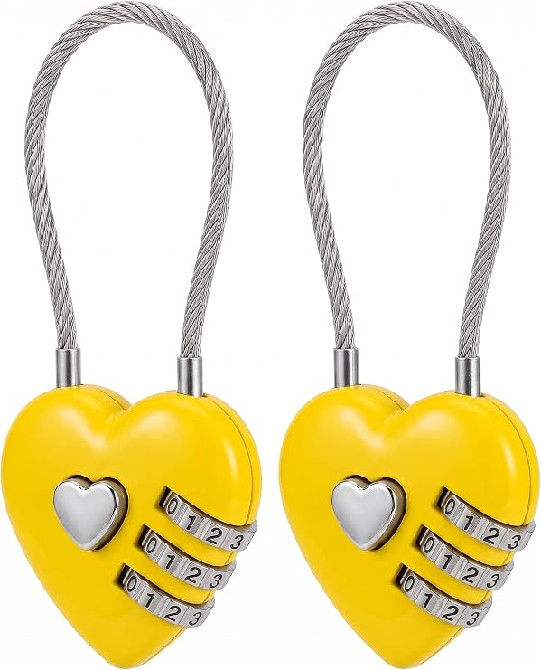 Heart Shaped Steel Cable Combination Lock, 3 Digit Resettable Password Padlock, Yellow Flexible Wire Lock for Luggage, Backpack, Locker, Journal (2PCS)