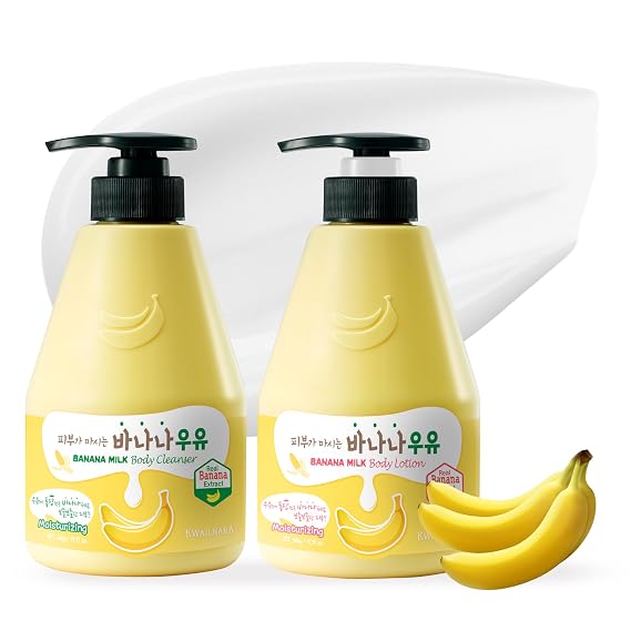 WELCOS Kwailnara Banana Milk Body Lotion & Body Wash Set Moisturizing & Revitalizing Korean Skincare Bundle with Banana Extract, 560g / 19.75oz Each