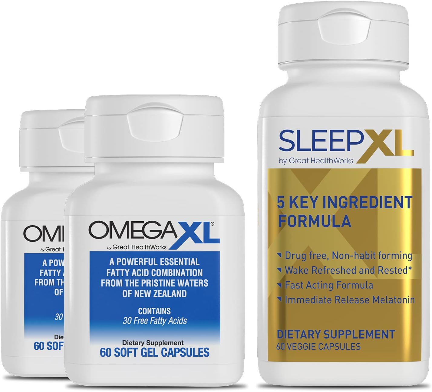 OmegaXL Joint Relief Supplement - Natural Muscle Support, 60 Softgels 2 Pack & SleepXL immediate-Release melatonin, L-Theanine Calming, Chamomile, Magnesium & B6 60 Vegan Capsules