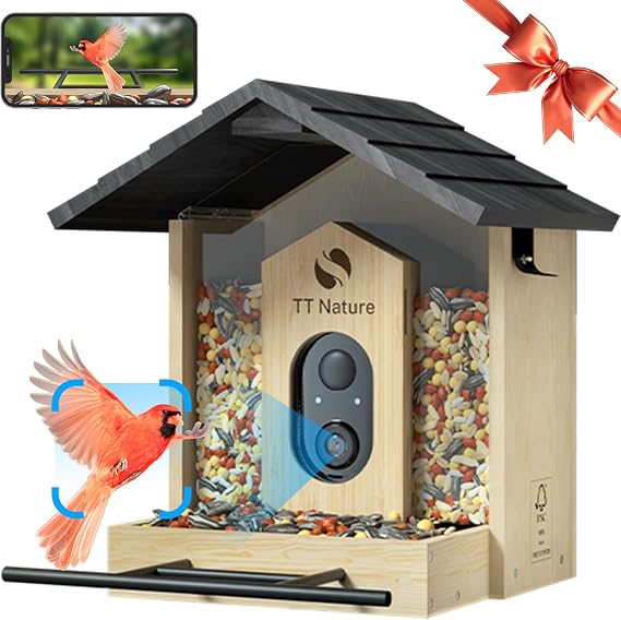 Bird Feeder with Camera, Upgraded 1.5L Smart Bird Feeder with AI Identify for 10000+, Auto Capture & Real-time Notifications, Ideal Gift for Christmas (Wooden Roof)