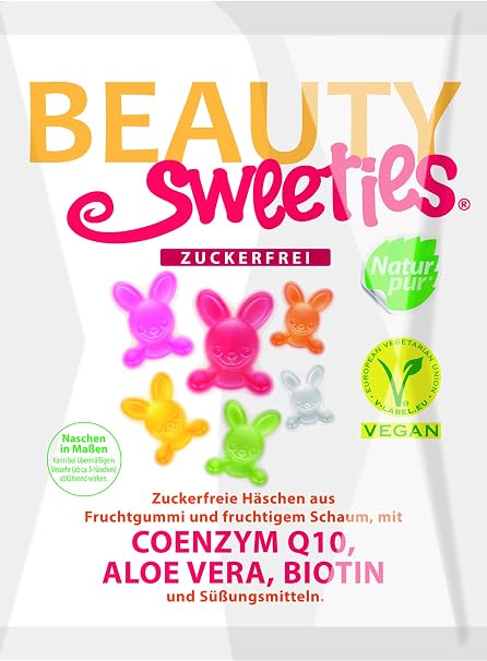BeautySweeties Sugar-Free Bunny 125 g Fruity Sweet Sugar-Free & Vegan Fruit Gum Bunny with Coenzyme Q1 Aloe Vera and Biotin 1 x 125 g Bag