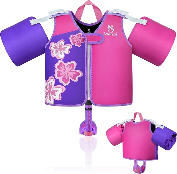 Vvinca Toddler Swim Vest for Kids 24-50lbs,Toddler Floaties Puddle Pool Float Jumper 24-30-50 Pounds for Girls Boys Ages 1-5 with Detachable Arm Floaties Adjustable Crotch Strap