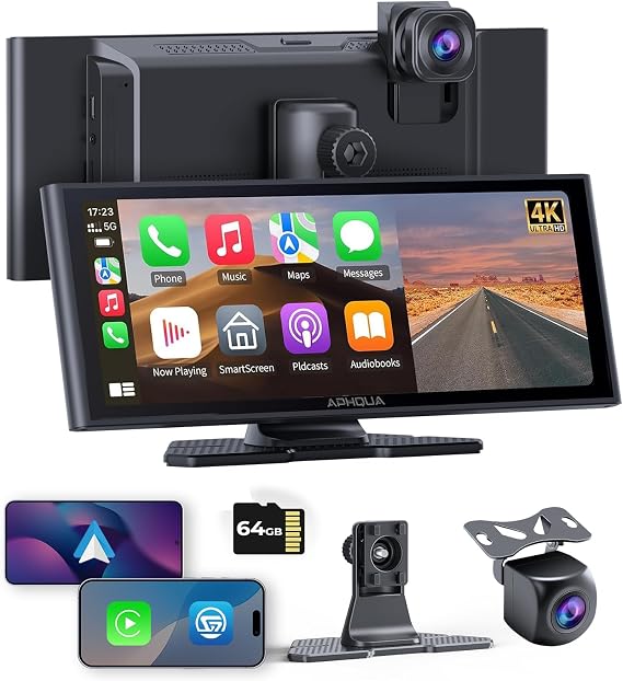 10.26" Carplay Screen for Apple Carplay & Android Auto with Dash Cam | 1080p Backup Camera, Split Scree, Wireless Car Play Car Audio Receivers GPS Navigation, Mirror Link, Bluetooth,FM, Siri