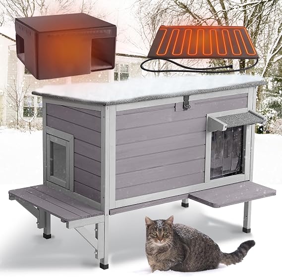 Aivituvin Heated Cat House with Insulated Liner, Large Feral Cats Shelter for Winter, Weatherproof Cat Condos for Outdoor Indoor Kitty