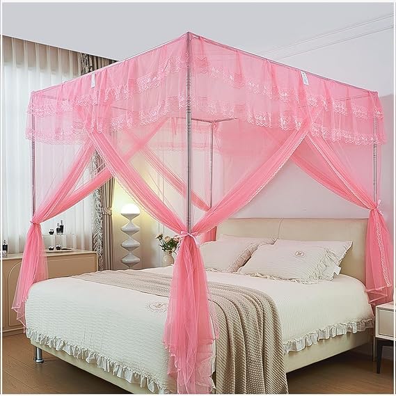 Mosquito 4 Door Bed Canopy Curtains Net for Queen Bed, Breathable Mesh Bed Netting with Elegant Lace, Indoor Bed Curtain Canopy for Bedroom Decor, Pink